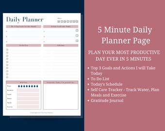 Daily Planner Printable, Minimalist Planner, Daily Schedule, Goal Planner, Gratitude Journal, Self Care Tracker, To-Do List