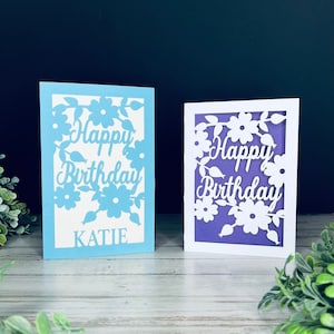Personalized Birthday Card SVG File, Flower Birthday Card SVG Cut File, Glowforge Card svg, Laser Ready Happy Birthday Card SVG Download