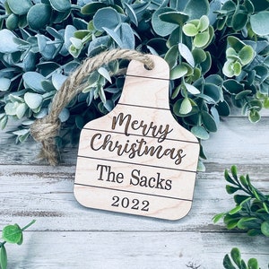 Merry Christmas Cow Tag SVG File, Shiplap Cattle Christmas Ornament SVG Download, Glowforge Laser Ornament svg, Personalized 2022 Christmas