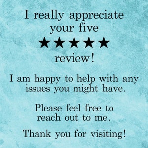 K&ouml;nnte beinhalten: Ein blauer und wei&szlig;er strukturierter Hintergrund mit schwarzem Text, der "I really appreciate your five review! I am happy to help with any issues you might have. Please feel free to reach out to me. Thank you for visiting!" lautet. Unter dem Text befinden sich f&uuml;nf schwarze Sterne.