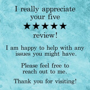 May include: A blue and white textured background with black text that reads "I really appreciate your five review! I am happy to help with any issues you might have. Please feel free to reach out to me. Thank you for visiting!" There are five black stars below the text.