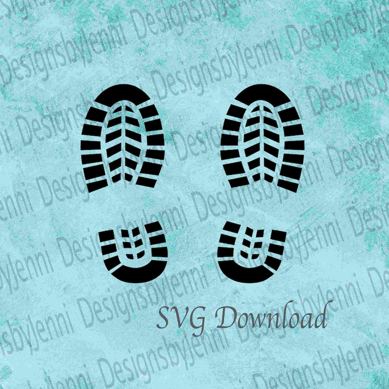 May include: Four black boot prints on a light blue background. The boot prints are in a staggered pattern, with two prints on the top and two prints on the bottom.