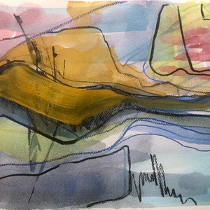 Doheny Sunset is an original abstract watercolor painting using blues and ochre is a perfect wall decor gift