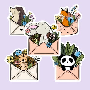 Bloem en dier in de envelop sticker | Bloemen Envelop Sticker | bloemen Dierlijke Sticker | Dierensticker | Vinyl Sticker