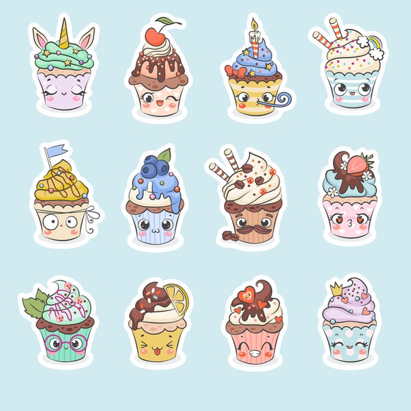 12 PCS Cute Cupcake Stickers Pack | Kawaii Cupcake Stickers | Cupcake Sticker | Funny Cupcake Stickers | Sticker Pack