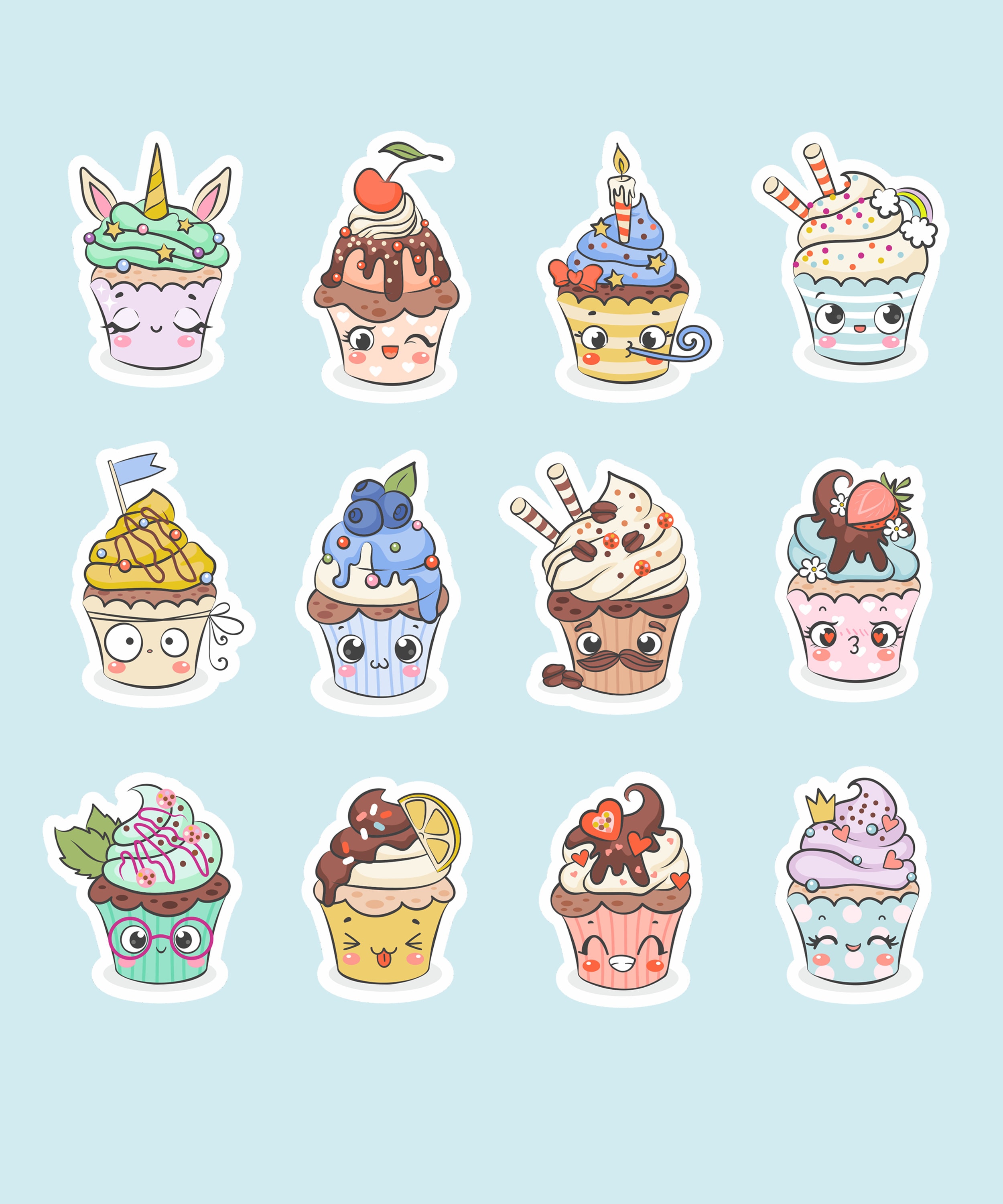 12 PCS Cute Cupcake Stickers Pack | Kawaii Cupcake Stickers | Cupcake  Sticker | Funny Cupcake Stickers | Sticker Pack