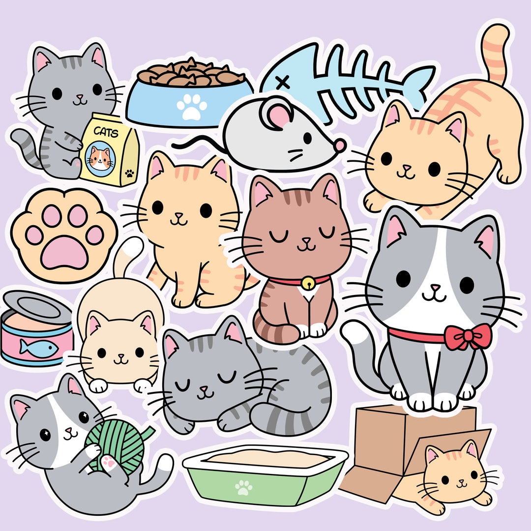 15 PCS Cute Cat Sticker Pack | Kawaii Cat Sticker | Cat Set Stciker ...