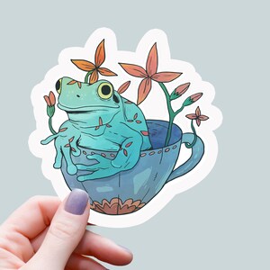 Frog in The Cup of Flower Sticker | Frog sticker | A Cup Flowers of Frog  Sticker | Vinyl Stickers | Planner Stickers | Trendy Stickers