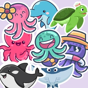 8 PCS Ocean Animal Sticker Pack | Cute Stickers | Animal Sticker | Octopus Stickers | Dolphin Stickers | Turtle Stickers
