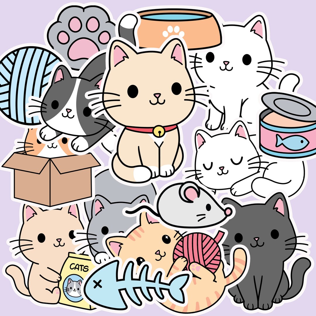 15 PCS Cute Cat Sticker Pack Kawaii Cat Sticker Cat Set Stciker Cat ...