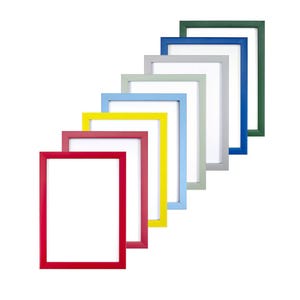 May include: A collection of eight rectangular picture frames arranged in a cascading diagonal line. The frames feature solid colors including red, pink, yellow, light blue, sage green, gray, dark blue, and dark green, each with a white center.