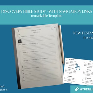 May include: A black and gray stylus pen is on a white page with a gray border. The page has the text "SEPTEMBER SECOND" and "1 Corinthians 12" printed on it. The page is part of a notebook with a gray cover. The notebook is open to a page with a calendar on the right side of the image. The calendar is labeled "NEW TESTAMENT in one year" and has a blue and white color scheme. The calendar shows the months of January, February, March, April, August, and September. The calendar has a blue hand pointing to the month of February.