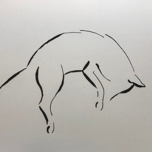 May include: A black ink line drawing of a dog jumping in the air with its legs extended and its head tilted down.