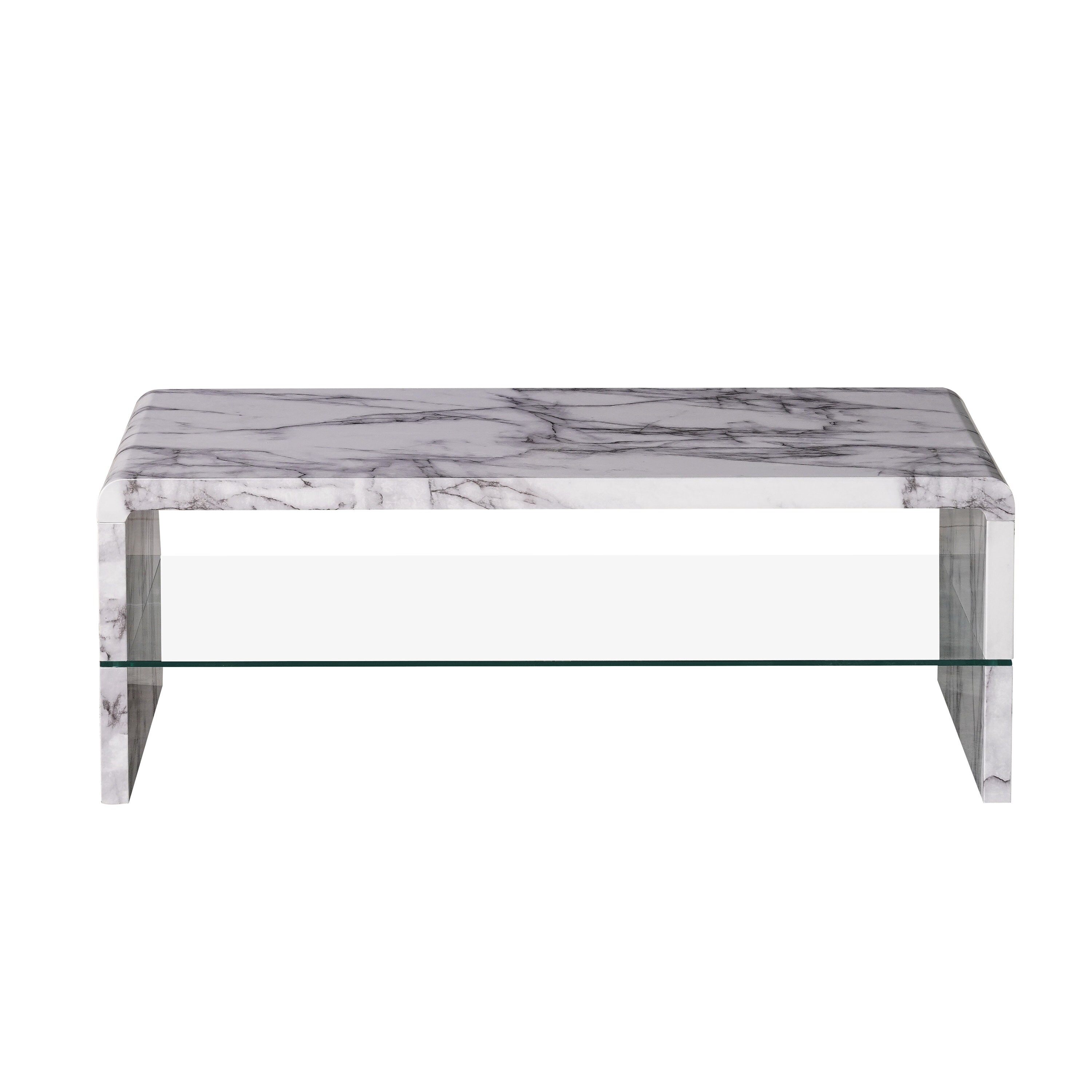 White Marble Effect Coffee Table High Gloss With Glass Shelf