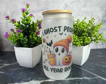 Halloween Ghost Glass Can: 16oz Frosted Libbey Coffee Cup