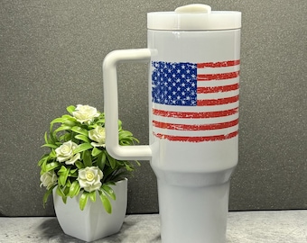 40oz Distressed American Flag Tumbler, Patriotic USA Design
