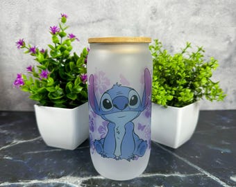 Blue Alien Frosted Glass Can with Lid, 16oz Coffee Cup