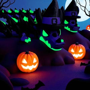 May include: A Halloween-themed scene featuring glowing jack-o'-lanterns and dragon-like figures wearing witch hats. The dragon figures have neon green accents and are set against a dark, moonlit background. The pumpkins are orange with carved faces.
