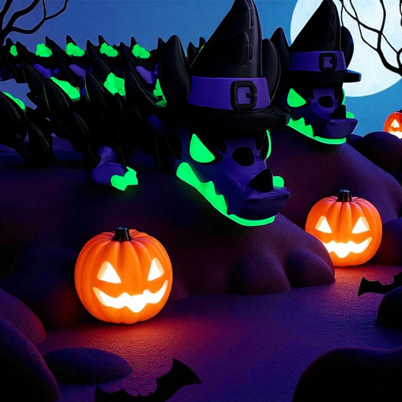 May include: A Halloween-themed scene featuring glowing jack-o'-lanterns and dragon-like figures wearing witch hats. The dragon figures have neon green accents and are set against a dark, moonlit background. The pumpkins are orange with carved faces.