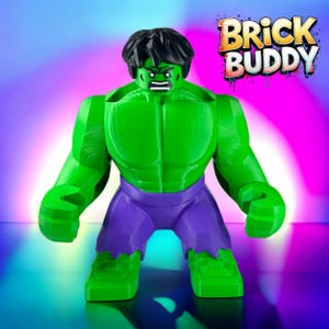 May include: Green and purple Hulk Lego figure with the words "Brick Buddy" in the background.