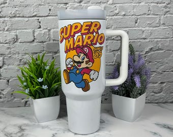 40oz Stanley Dupe Video Game Tumbler 40oz Mario Tumbler Custom Tumbler Retro Video Game 80's Video Game Gift for Gamers Vintage Video Game