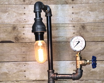 Industrial pipe desk/table lamp with gauge and valve/"Gearhead"