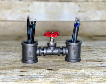 Industrial pipe pen holder with red valve/ industrial pipe desk organizer