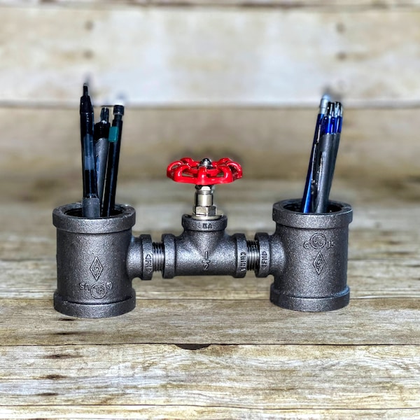 Industrial pipe pen holder with red valve/ industrial pipe desk organizer