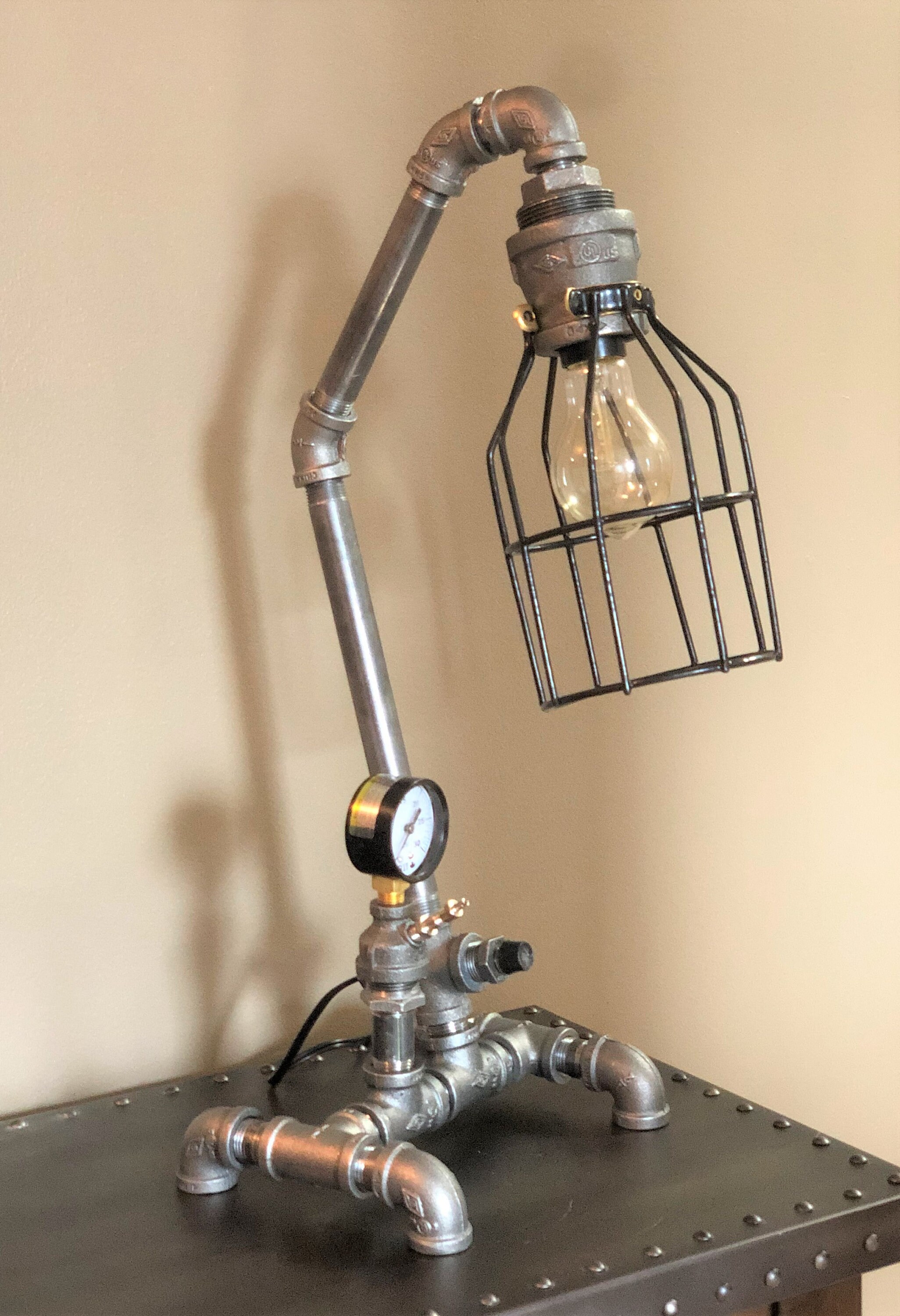 Industrial Black Pipe Cage Lamp With Switch and Gauge/\, image size:2052x3000