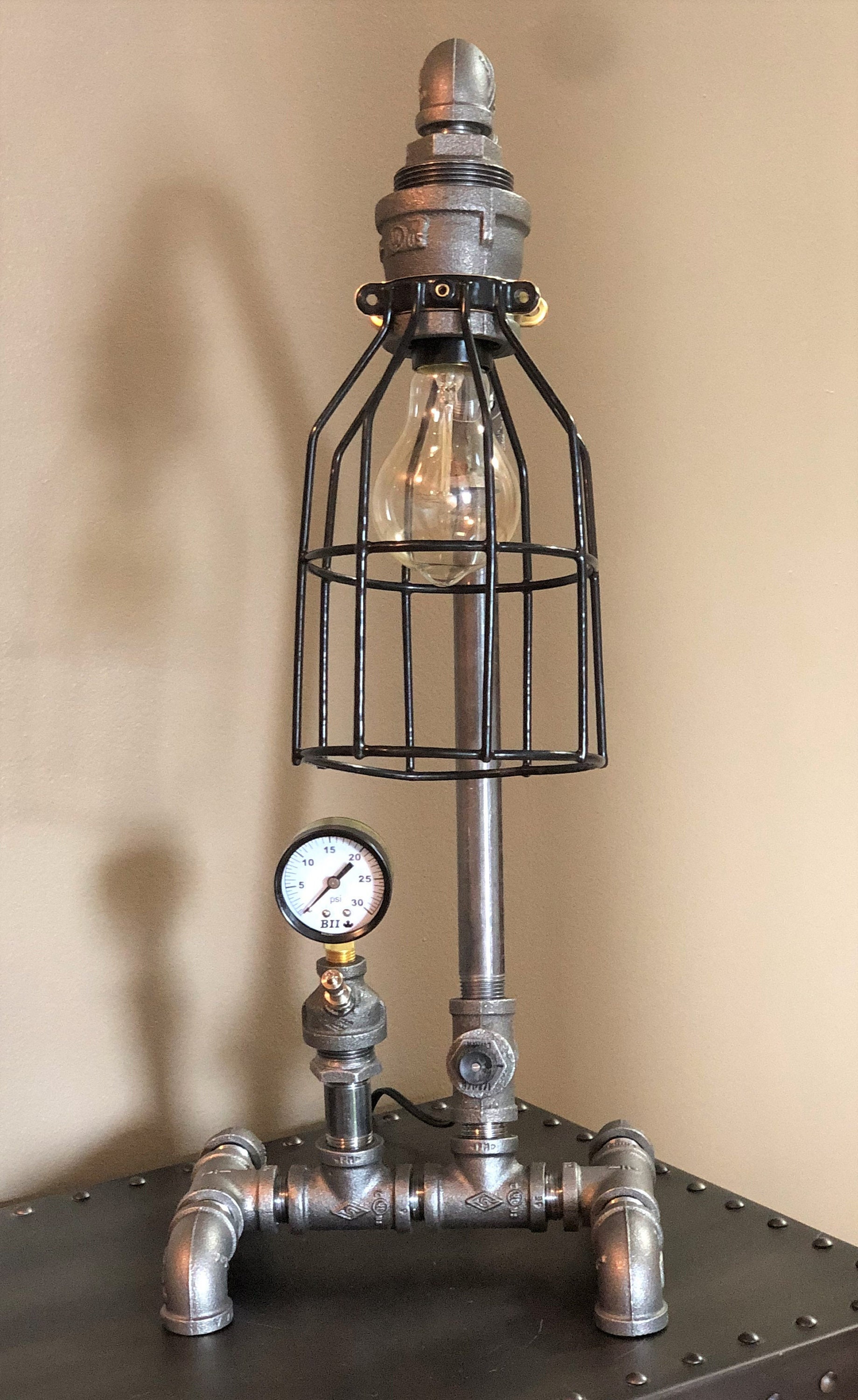 All lamps handmade in the U.S.A Black iron pipe cage lamp with FAUCET HANDLE DIMMER rustic cloth cord Industrial by the owner Lifetime Warranty! steampunk bulb included 