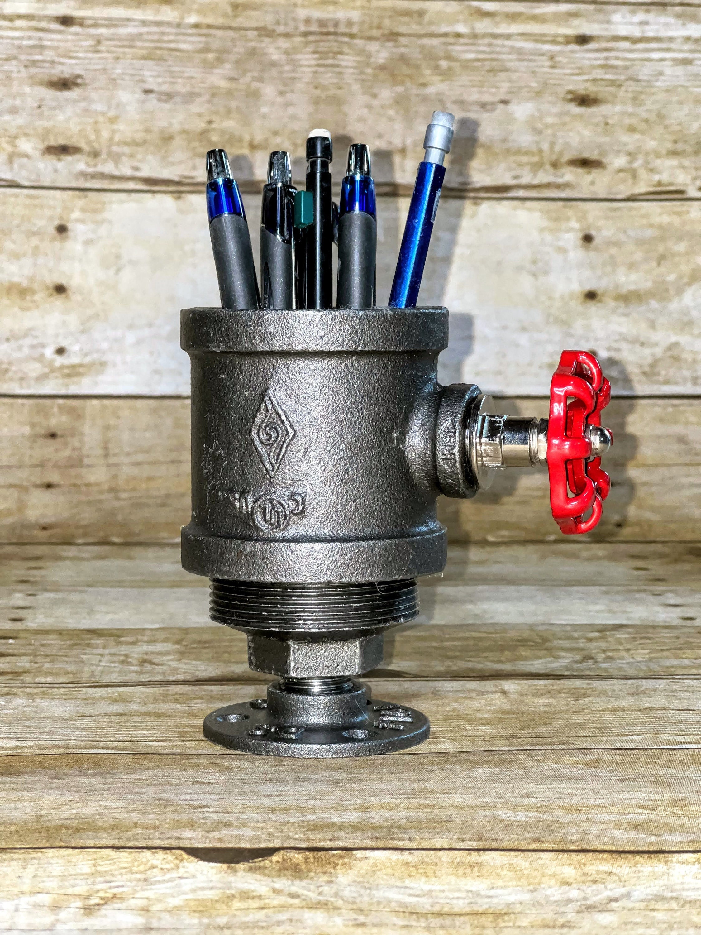 Industrial pipe pen holder with red valve/ industrial pipe desk accessories