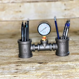 Industrial pipe pen holder with gauge/ industrial pipe desk organizer