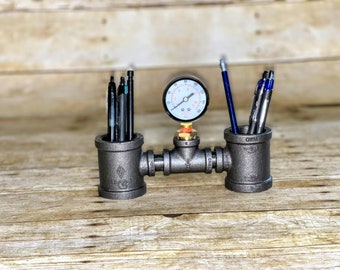 Industrial pipe pen holder with gauge/ industrial pipe desk organizer