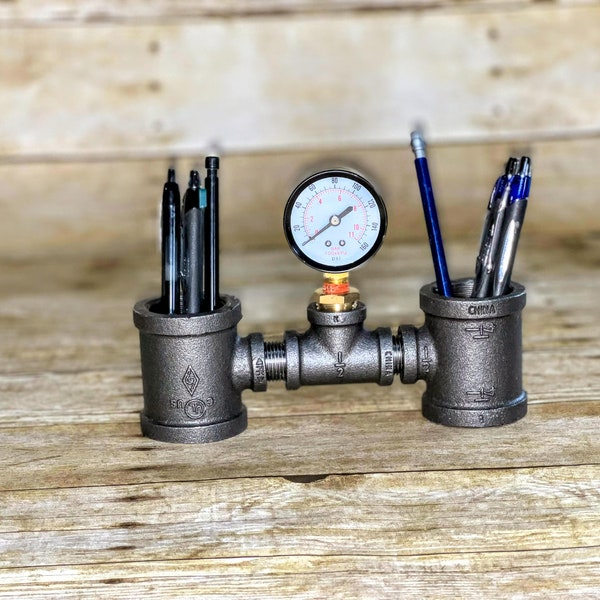 Industrial pipe pen holder with gauge/ industrial pipe desk organizer