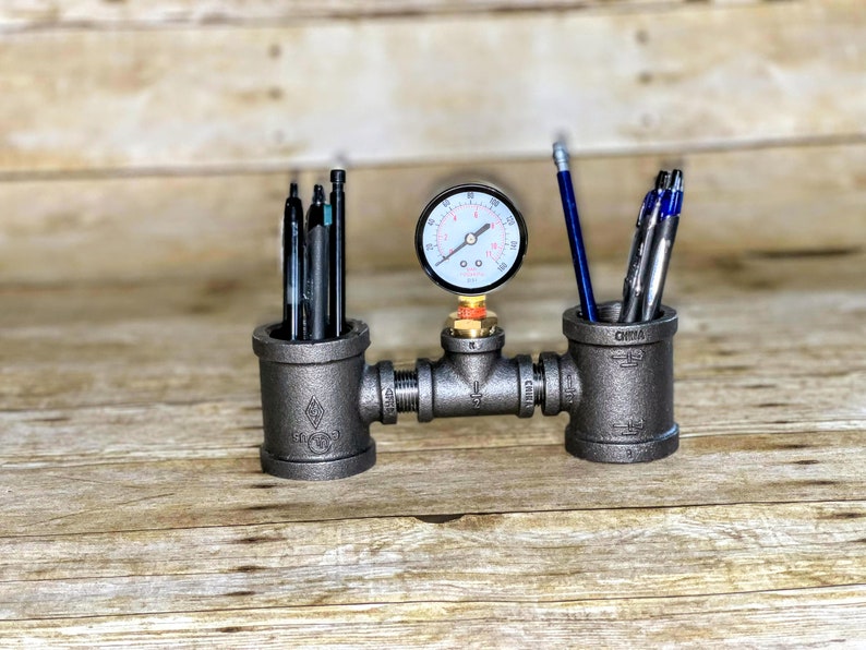 Industrial pipe pen holder with gauge/ industrial pipe desk organizer image 1