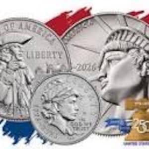 May include: A collection of silver coins featuring detailed depictions of Lady Liberty. The coins showcase intricate designs, including the inscription "Liberty" and the year 2026. Red, white, and blue accents are visible, suggesting a patriotic theme.