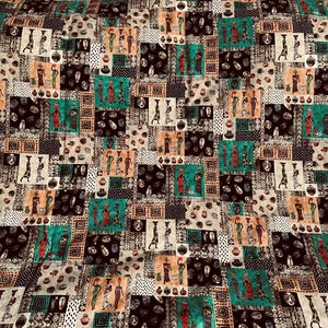 May include: A colorful fabric with a repeating pattern of African women carrying pots on their heads. The fabric is a patchwork of different colors and patterns, including black, white, brown, green, and orange.