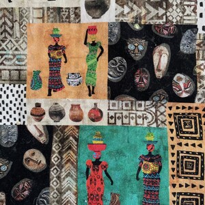 May include: A colorful fabric with a repeating pattern of African masks, geometric shapes, and stylized figures. The fabric features a variety of colors, including black, white, brown, red, green, and blue.