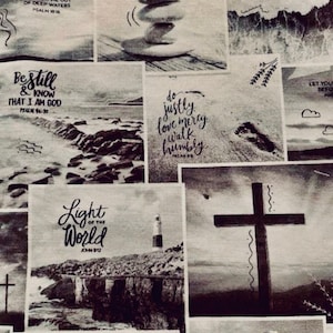 May include: A collage of black and white images with inspirational quotes and bible verses. The images include a lighthouse, a cross, a beach, and a pile of rocks. The quotes include "The Lord is my rock", "Be still and know that I am God", "Light of the World", "Do justly, love mercy, walk humbly", and "Walk by faith, not by sight".