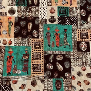 May include: A colorful fabric with a repeating pattern of African-inspired figures, masks, and geometric designs. The figures are wearing traditional clothing and carrying baskets on their heads. The masks are stylized and have a tribal feel. The geometric designs are in shades of brown, black, and white.