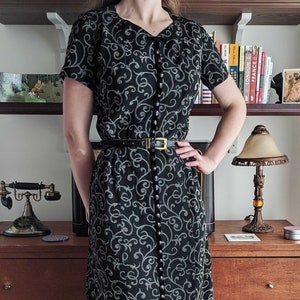 1950s Black & Gold Evening Dress, Vintage, Formal, Cocktail, Holiday, Short Sleeve, Knee Length, Swirl Design, 50s, 60s, Small/Medium