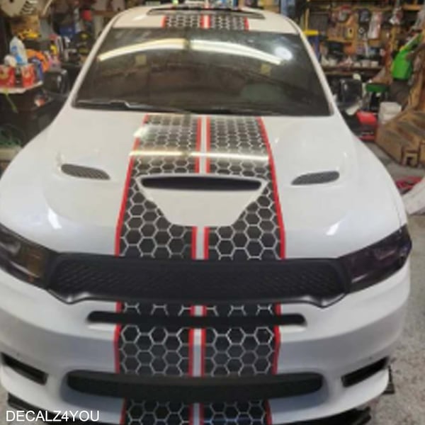 Racing Stripes HoneyComb (PRE-CUT)& Pin Stripe (Rally Stripe) Durango With Hood Scoop Ready For Install Durango Racing Stripe Car Decal