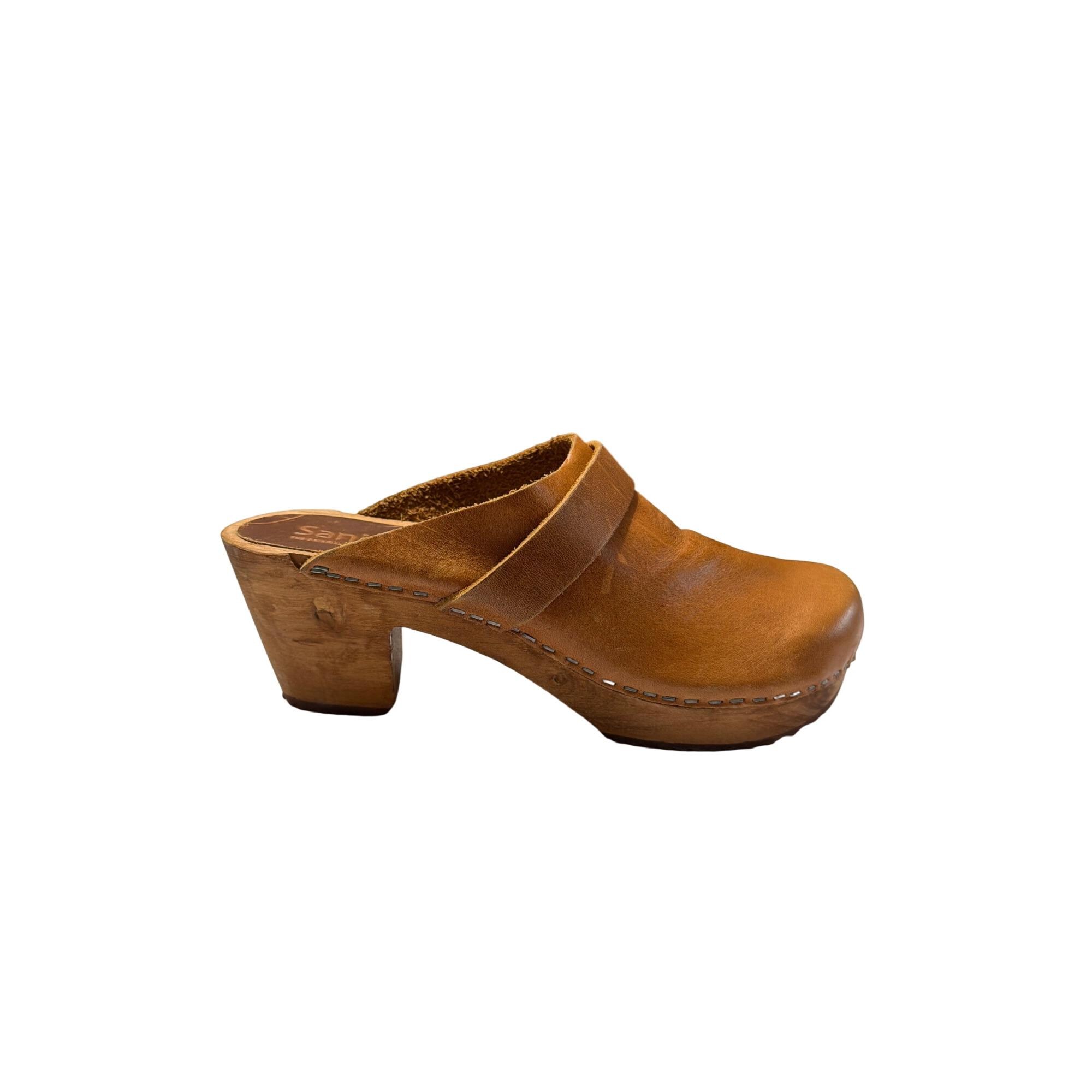 SANITA Size 37EU / 6.5 USA Tan Suede Clogs Wooden Sole Open Back Shoes Laser Cut Lotte Women main image 2