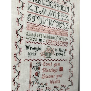 90s Vintage Cross-Stitch Sampler In Wood Frame 12.5&quot;x15.5&quot; Count Your Blessings