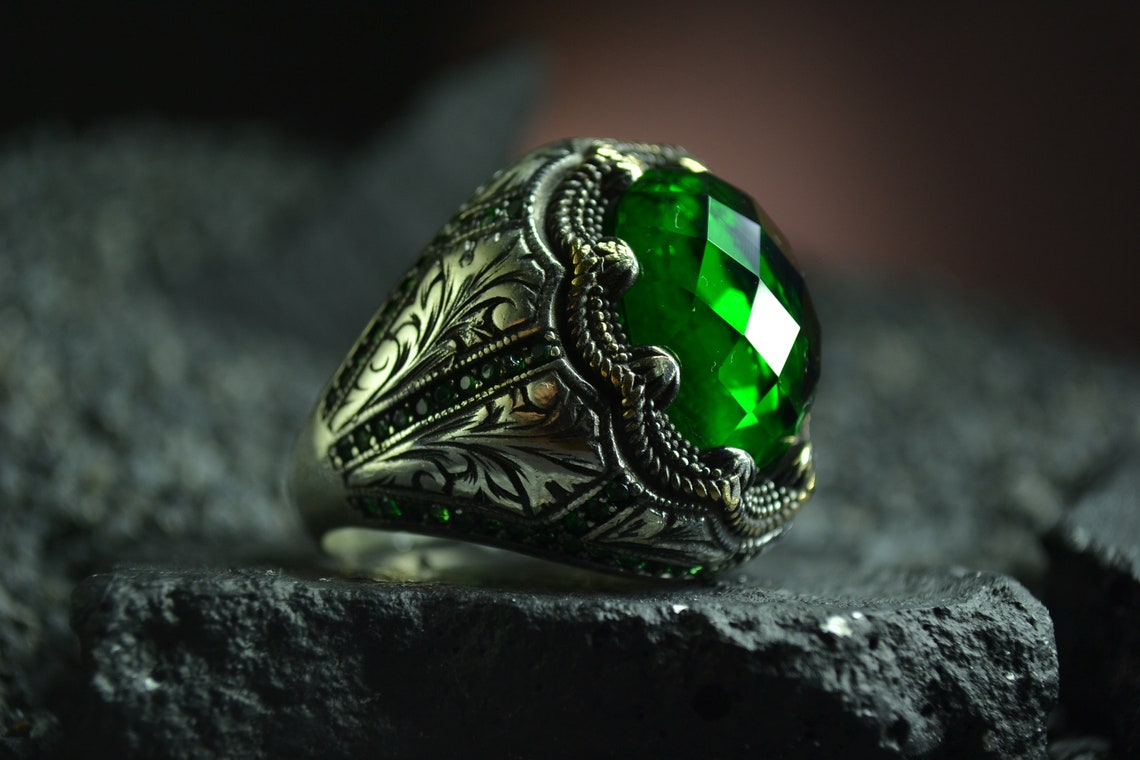 Green Stone Ring / Mens Ring / Sterling Silver Ring / Ring For Etsy