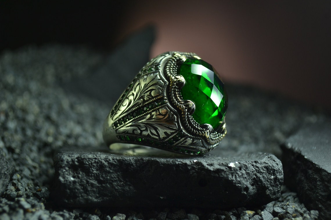 Green Stone Ring / Mens Ring / Sterling Silver Ring / Ring For Etsy