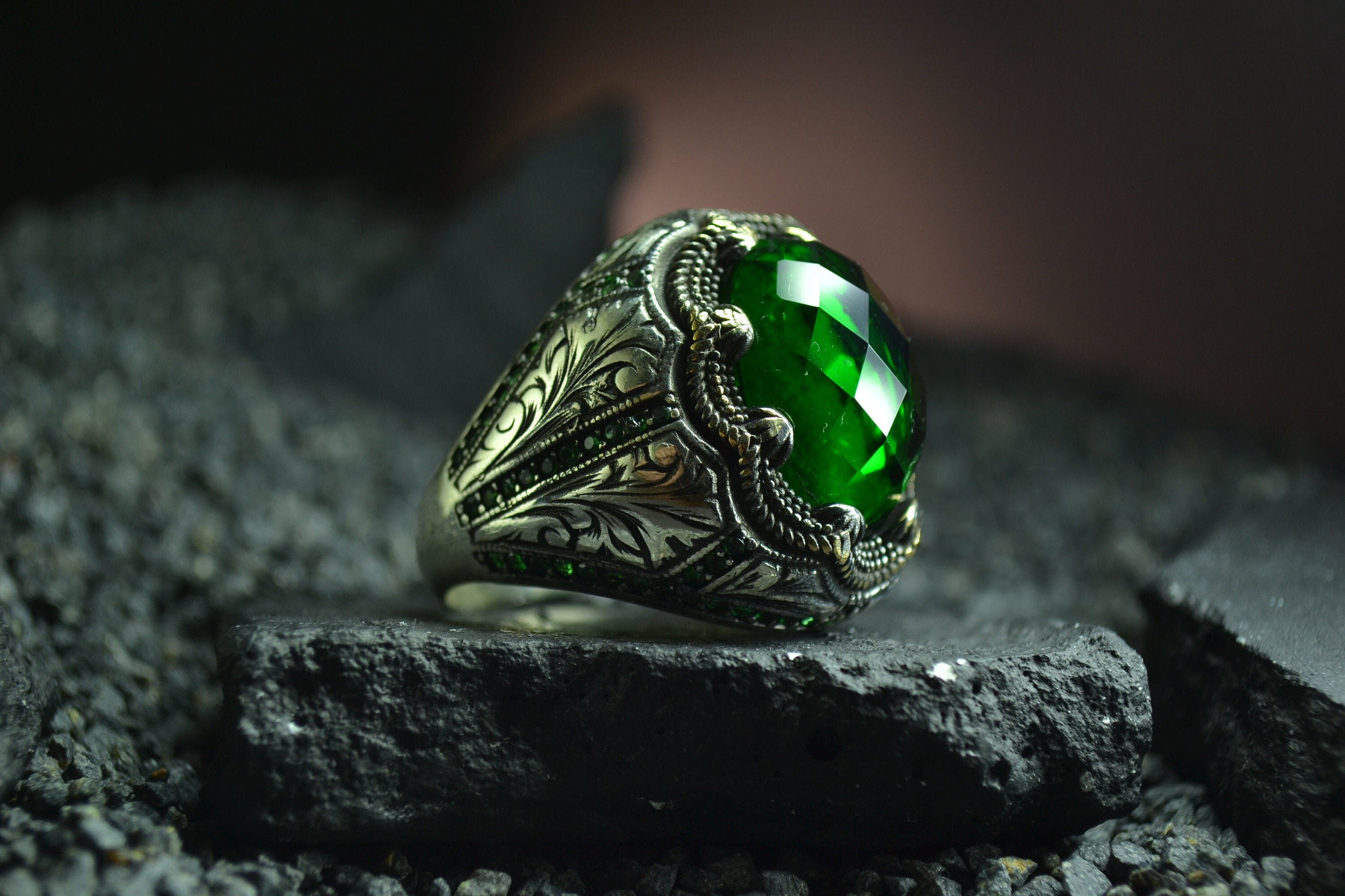 Green Stone Ring / Mens Ring / Sterling Silver Ring / Ring For Etsy