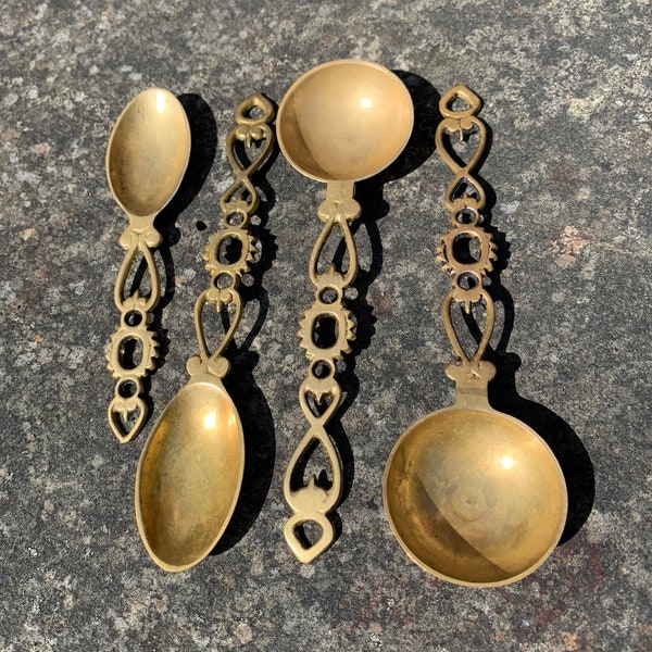 Set of  Four Large Vintage Brass Love Spoons