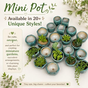 May include: A collection of small, teal-glazed ceramic pots in various geometric shapes, some containing small green succulents and trailing plants. Text on the image reads: Mini Pot, Available in 20+ Unique Styles!, So cute, unique, and perfect for creating miniature gardens, succulent arrangements, or charming little plant displays., Tiny size, big charm - collect your favorites!