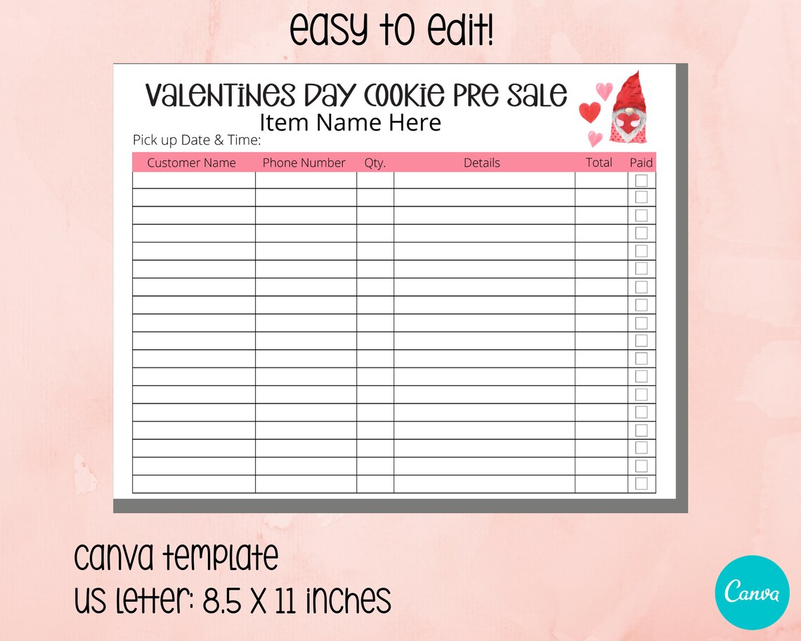 Valentines Day Cookie Pre Sale Form Template, Canva Template, Instant ...